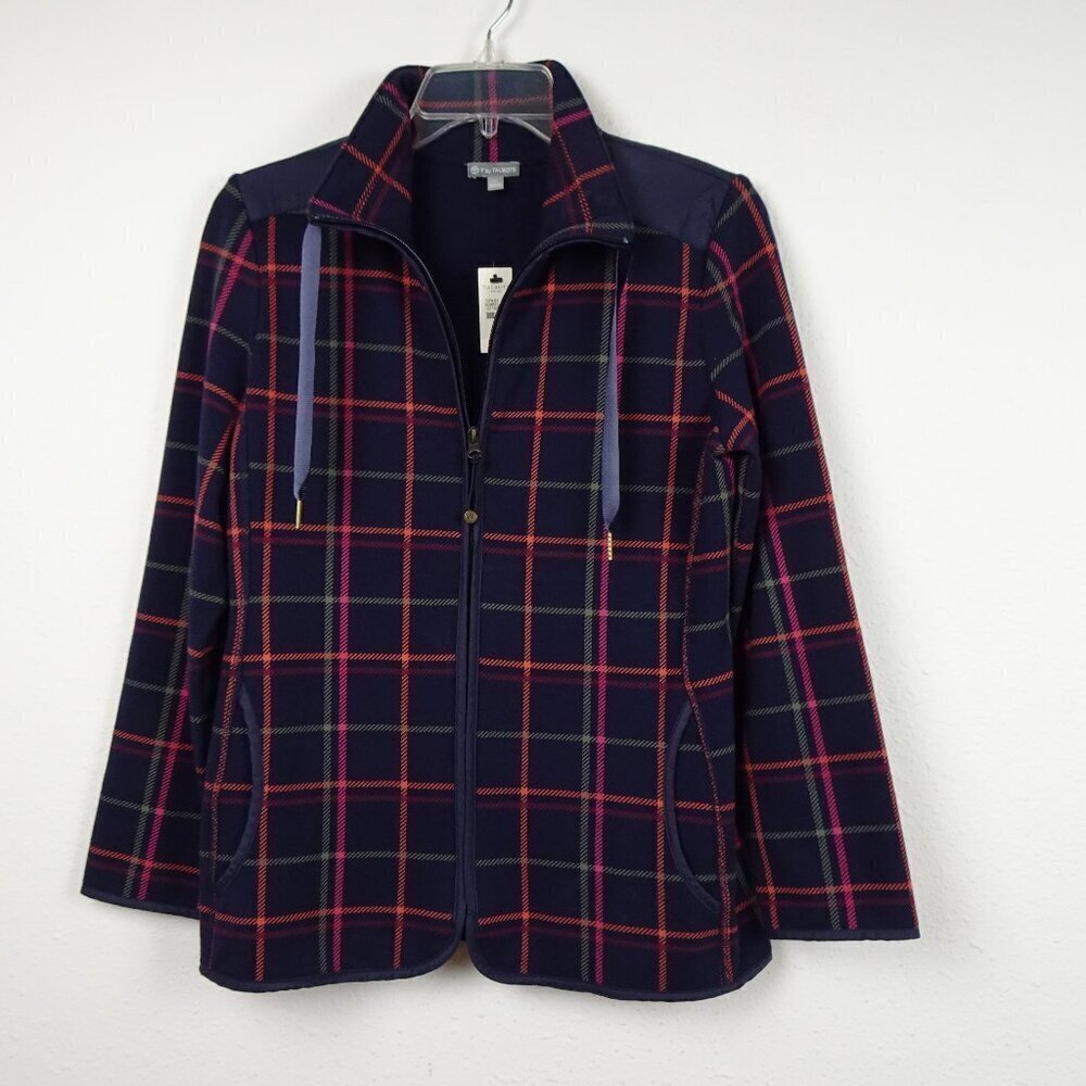 Talbots Jacket Women's Petite Size SP Blue Plaid Zip Front Elbow Patches